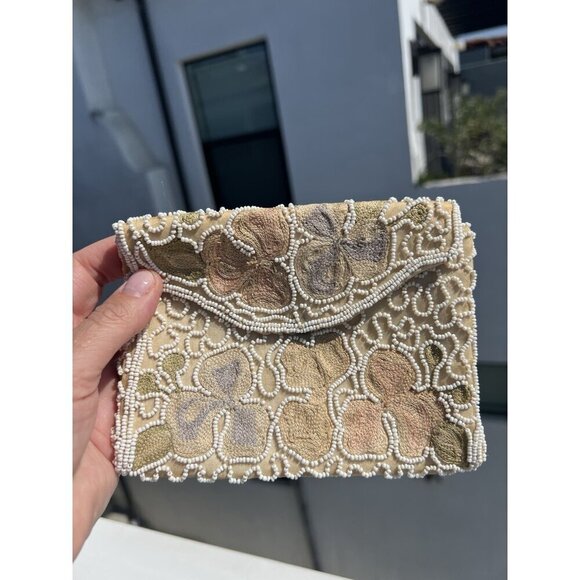 Vintage 50s 60s floral embroidered beaded handmade clutch glam cottagecore - Picture 6 of 10